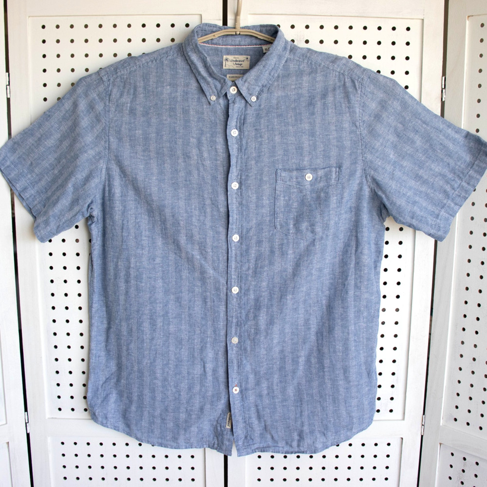 Weatherproof Vintage Mens SIZE XL Blue Washable Linen Button Up Shirt